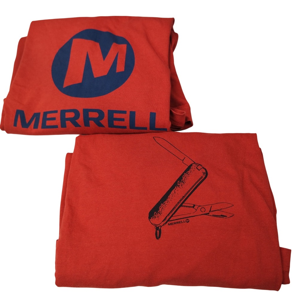 Lot of 2 Merrell Mens Graphic T-Shirts Red Cotton Logo Pocket Knife Size L